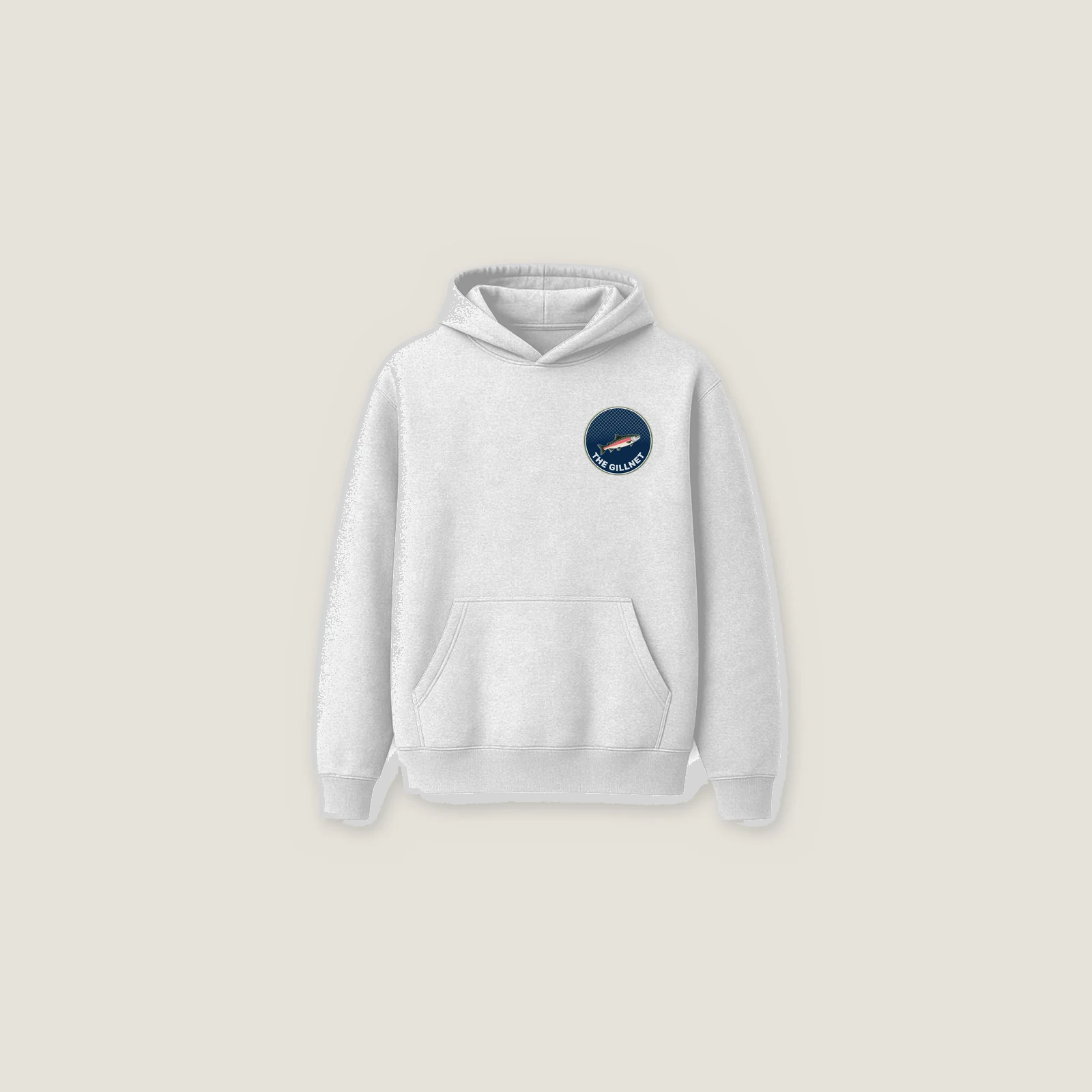 Salmon Badge Hoodie in Ash, left-chest badge