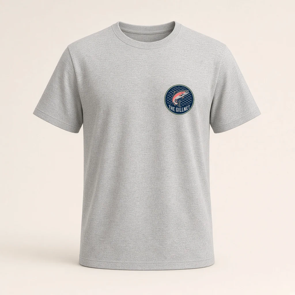 Salmon Badge Tee in Fog Athletic Heather, left-chest print